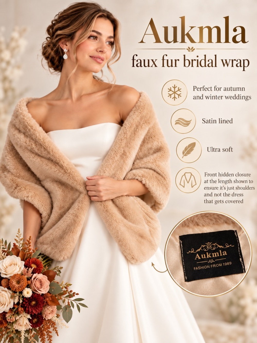 Aukmla Faux Fur Bridal Wrap – Satin Lined